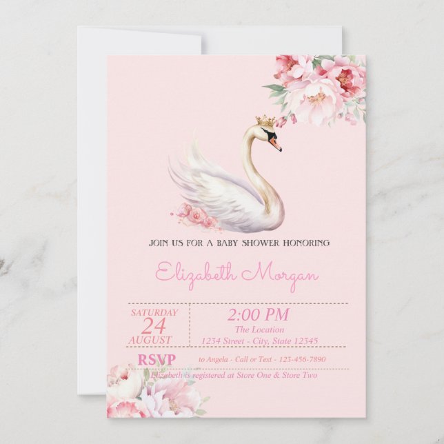 Convite Pequena Princesa, Coroa de Cisne, Chá de Bebê Flor (Frente)