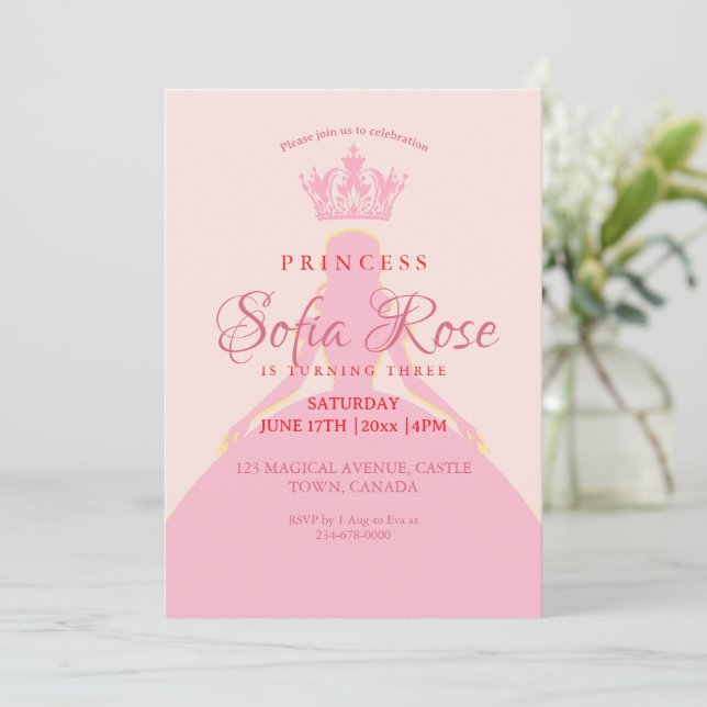 Convite Pequena Princesa Coroa Escorregada Rosa Aniversári (Em pé/Frente)