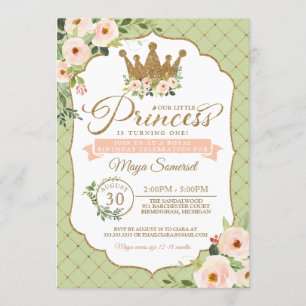 Convite Pequena Princesa Floral Blush & Mint Royal Birday