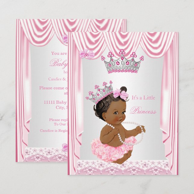 Convite Pequena Princesa Menina Chá de Bebê Rosa Étnico (Frente/Verso)