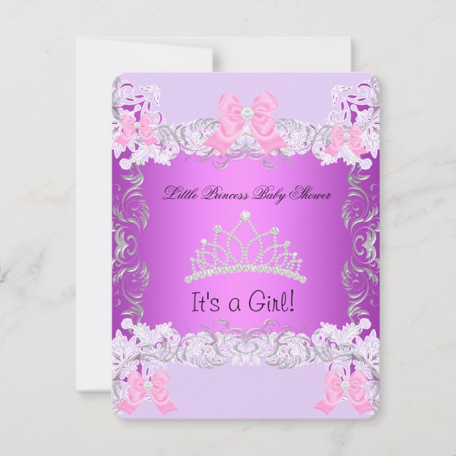 Convite Pequena Princesa Rosa Roxo Cinza Chuveiro de Bebê  (Frente)
