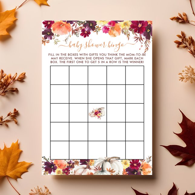 Convite Pequena Pumpkin Fall Floral Chá de fraldas Bingo (Little Pumpkin Fall Floral Baby Shower Bingo Card)