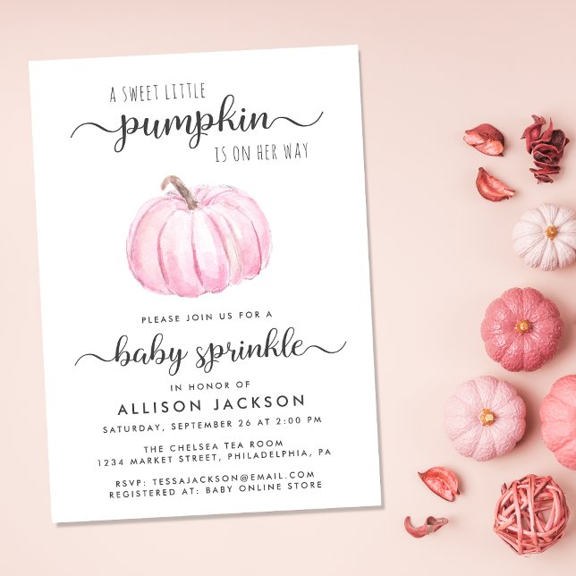 Convite Pequena Pumpkin Pink Watercolor Menininha Sprinkle (Celebrate the upcoming arrival of your sweet little autumn baby with a pumpkin-themed baby sprinkle)