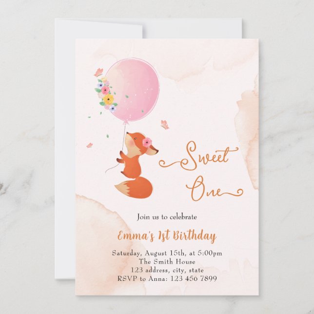 Convite Pequena raposa bebê voando com balão (Frente)