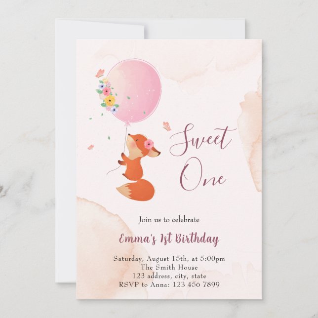 Convite Pequena raposa bebê voando com balão (Frente)
