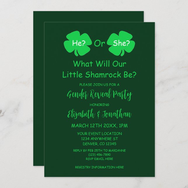 Convite Pequena Revelação de Gênero Shamrock (Frente/Verso)