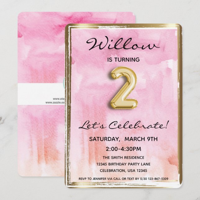 Convite Pequena segundo aniversário rosa e Dourada (Frente/Verso)