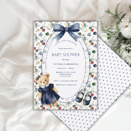 Convite Pequena Senhora Azul e Branco Urso Floral Vintage
