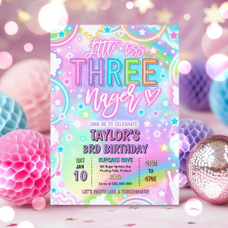 Convite Pequena Senhora Três-nage Arco-íris Neon 3º Aniver