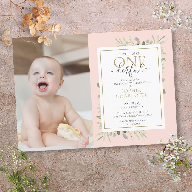Convite Pequena Senhorita ONEderful Menina Rosa Aniversári (Little Miss ONEderful Pink Girl 1st Birthday Photo Invitation)