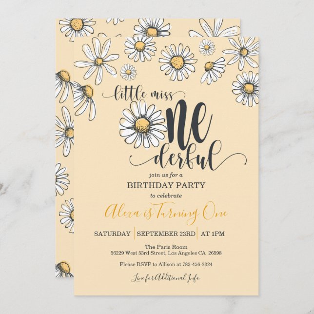 Convite Pequena Senhorita ONEMaravilhosa Daisy Birthday Co (Frente/Verso)