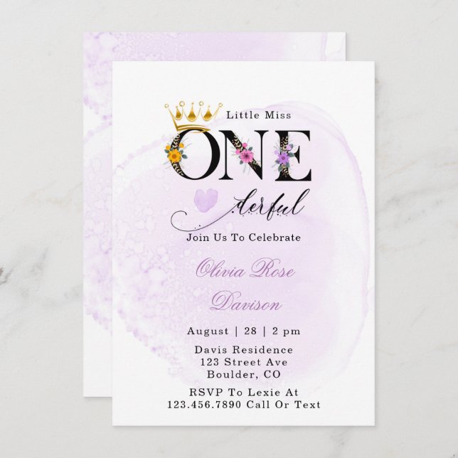 Convite Pequena Senhorita Um primeiro aniversario Roxo I M (Frente/Verso)