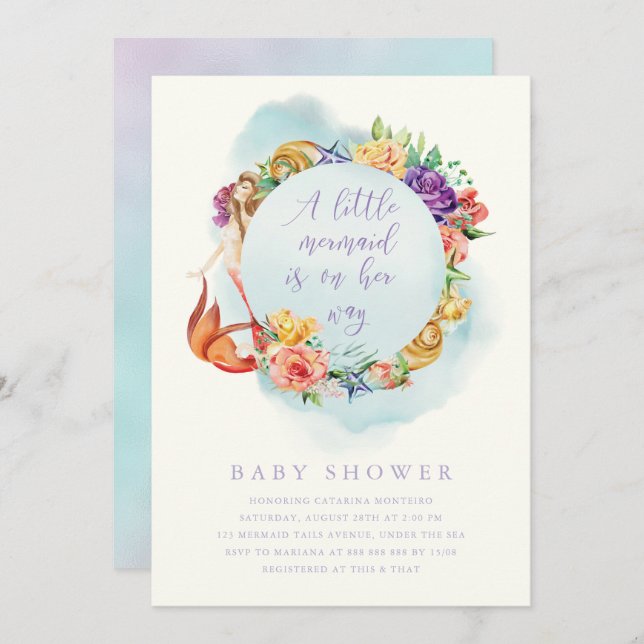Convite Pequena Sereia Chá de fraldas Simples Floral (Frente/Verso)