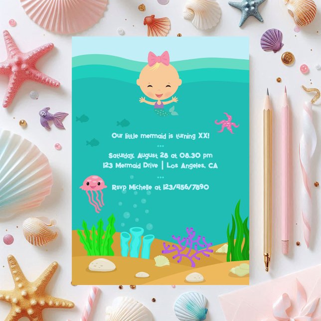 Convite Pequena Sereia Festa de aniversário Submarina (Little Mermaid Underwater Birthday Party Invitation)