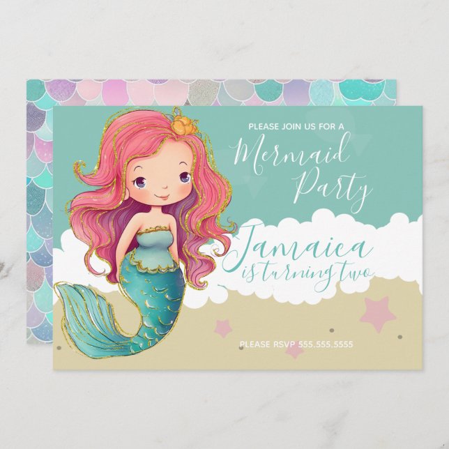 Convite Pequena Sereia Oceânica Festa de aniversário de Pr (Frente/Verso)