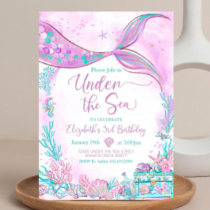 Convite Pequena Sereia Roxa Azul Editável Sob o Mar