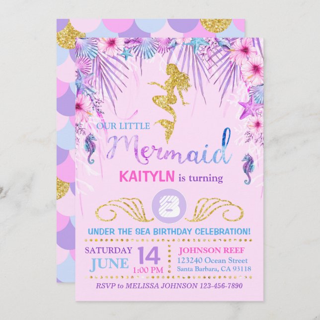 Convite Pequena Sereia Sob O Aniversário Do Mar (Frente/Verso)