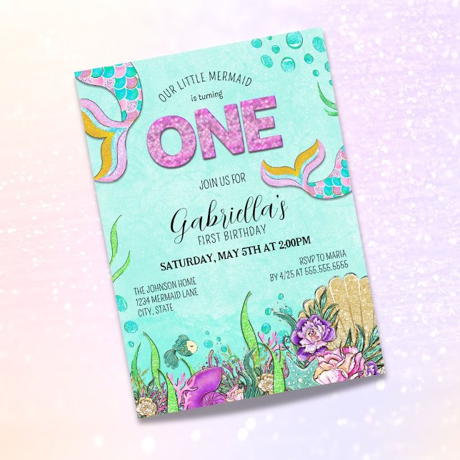 Convite Pequena Sereia Transformando Um primeiro aniversar (Criador carregado)