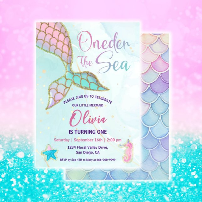 Convite Pequena Sereia Um Festa de primeiro aniversario do (Pink and gold Mermaid 1st Birthday Party Invitation)