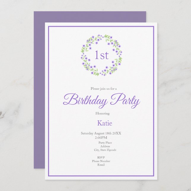 Convite Pequena Violet Watercolor Blossomath (Frente/Verso)