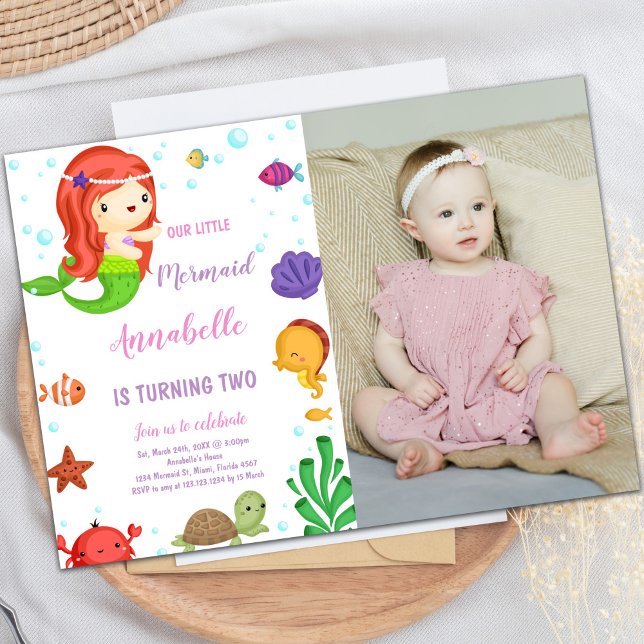 Convite Pequenas Bolsas de Cabelo Laranja com Sereia Foto (Little Orange Hair Mermaid Invitations with photo)