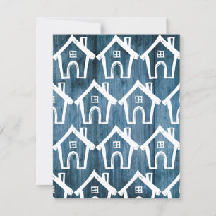 Convite Pequenas Casas Brancas em Madeira Azul Nós Mudamos