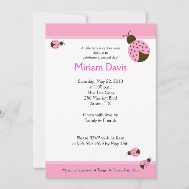 Convite Pequenas Damybugs Rosa 5x7 Chamadas de Bebê (Frente)