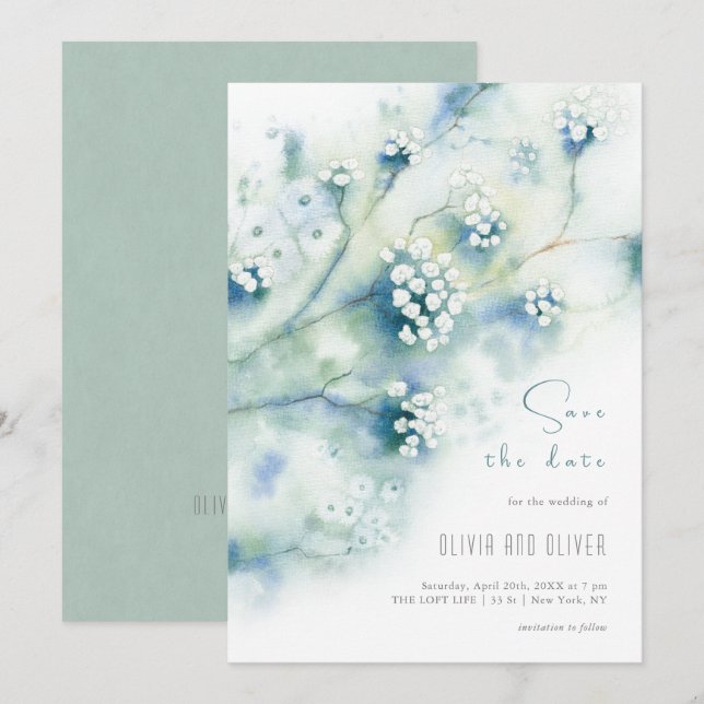 Convite Pequenas Flores Brancas Economizam A Data (Frente/Verso)