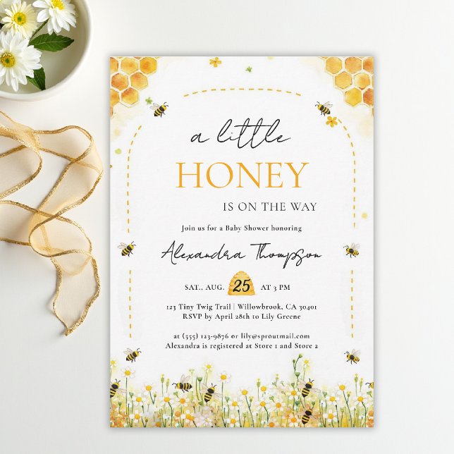 Convite Pequenas Flores Silvestres Arco de Mel Chá de Bebê (a little honey bee baby shower theme invitation spring summer watercolor elegant floral bumblebee)