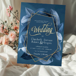 Convite Pequenas Folhas Azuis Moldura Dourada Casamento