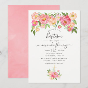 Convite Pequenas Peônias Rosa em Aquarela Batismo