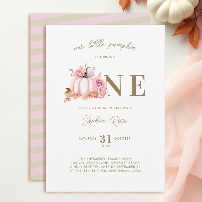 Convite Pequenas rosas cor-de-rosa-abóbora primeiro aniver (pink fall 1st birthday invitation watercolor pumpkin roses gold typography elegant)