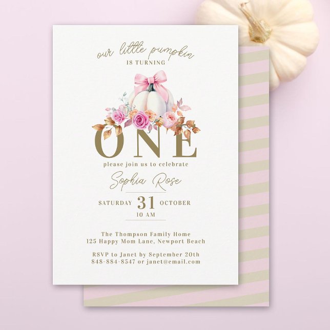 Convite Pequenas Rosas de Arco rosa-abóbora 1 rua Aniversá (our pumpkin is turning one girl 1st birthday party invitation pink bow roses elegant floral boho)