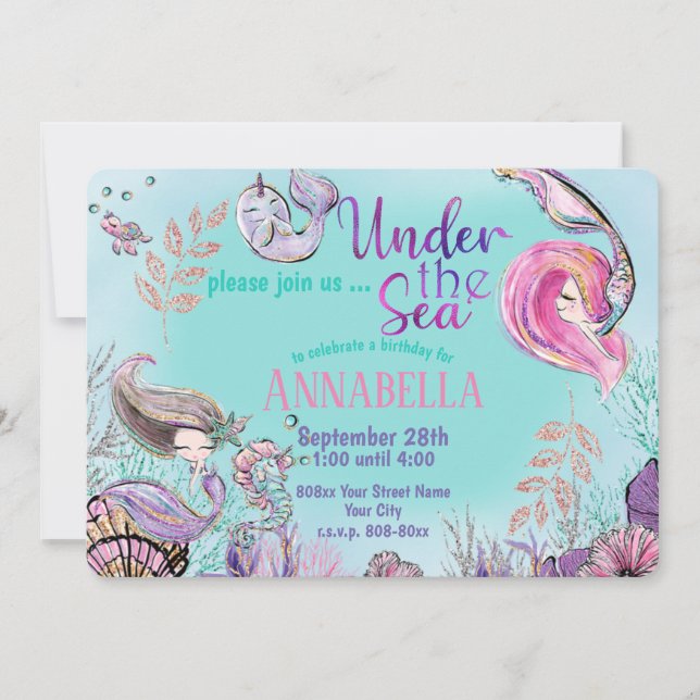 Convite Pequenas Sereias Cutas Sob Festa do Mar (Frente)