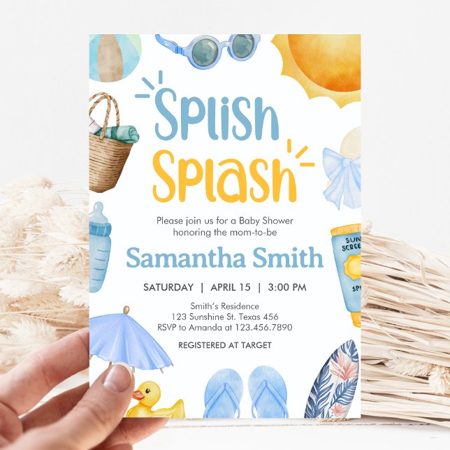 Convite Pequenino Verão Splish Splash Chá de Bebê (Blue Splish Splash Baby Shower Invitation)