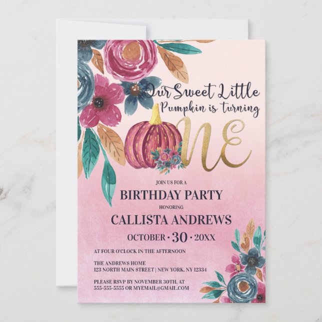 Convite Pequeno Abóbora Cai Dourado primeiro aniversario F (Frente)