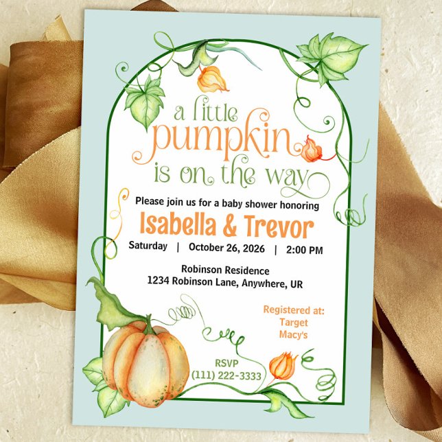 Convite Pequeno Abóbora Chá de fraldas de outono Sexo Neut (Little Pumpkin on the Way Autumn Baby Shower Fairytale Invitation)