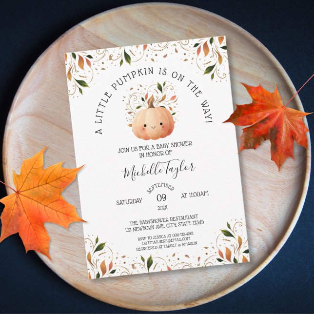 Convite Pequeno Abóbora no Caminho do Chá de fraldas Flora (cute watercolor kawaii pumpkin with autumn leaves baby shower invitation)