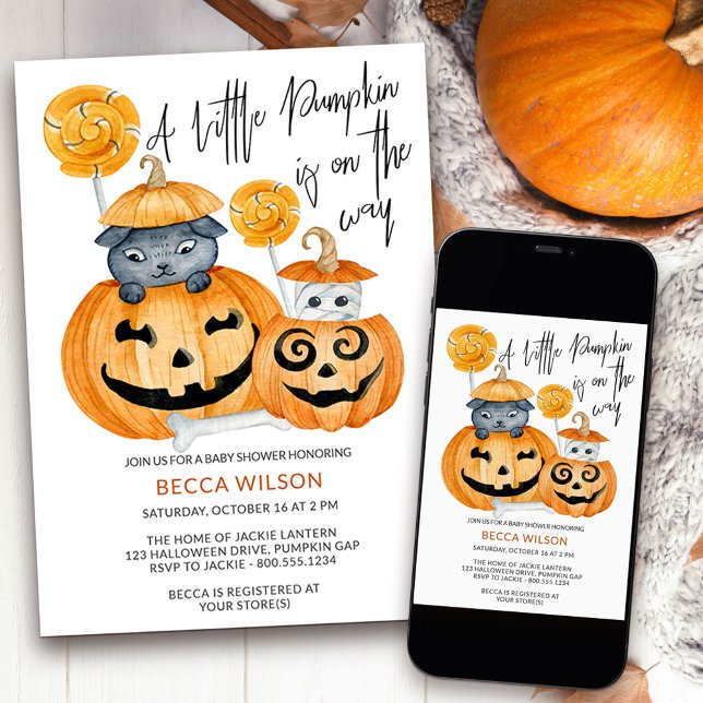 Convite Pequeno Abóbora no Chá de fraldas do Dia das Bruxa (Little Pumpkin cute halloween baby shower invitation available printed or as a printable download)