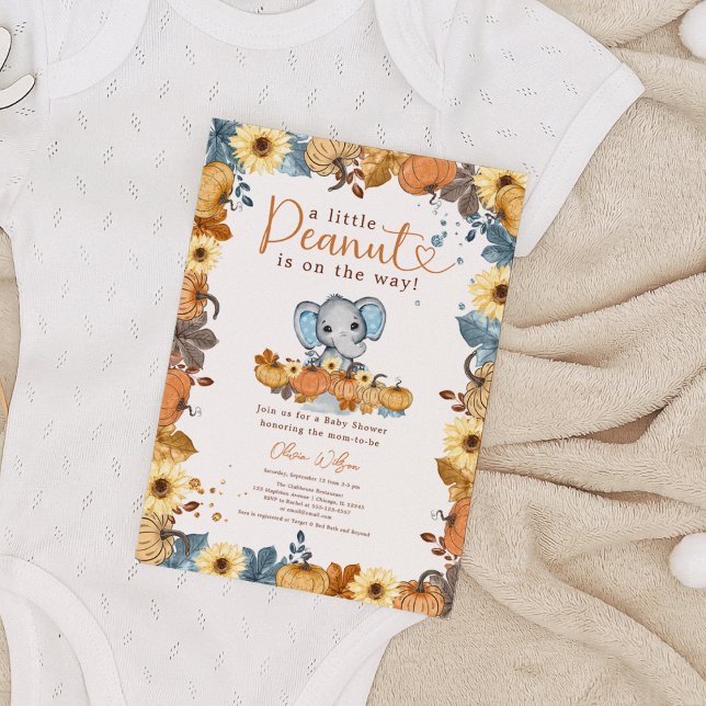 Convite Pequeno amendoim - Chá de fraldas de abóbora do el (A Little Peanut is on the Way - Fall Elephant Pumpkin Baby Boy Shower Invitation)