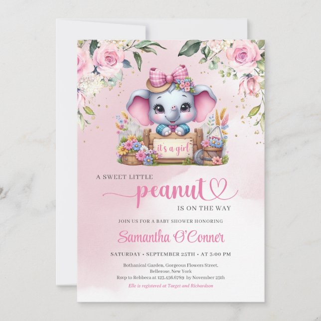 Convite Pequeno amendoim rosa-rosado elefante com ilustraç (Frente)