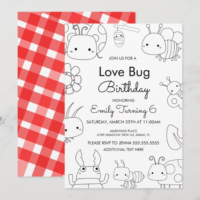 Convite Pequeno Amor Bug Aniversário Cor (Frente/Verso)