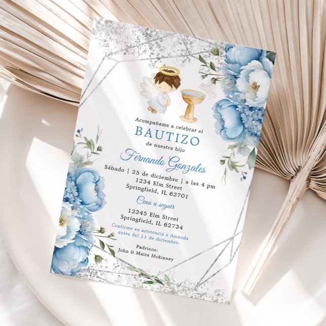 Convite Pequeno Angel Flores Azul Silver Boy Bautizo (Criador carregado)