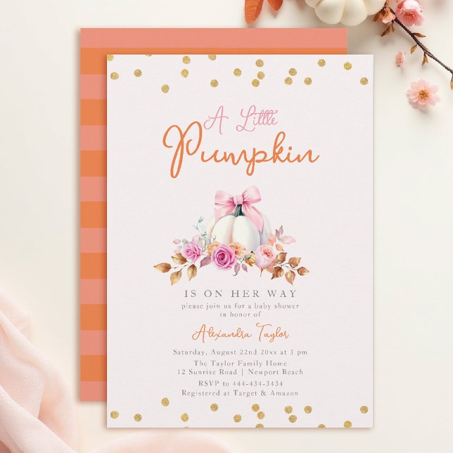 Convite Pequeno Arco de coquetel de abóbora Chá de fraldas (fall baby shower invitation girl little pumpkin floral botanical watercolor pink bow)