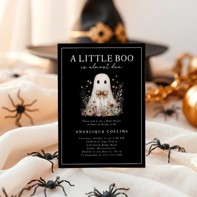 Convite Pequeno Arco Fantasma Cachorro  Selvagens Chá de f (A Little Boo is Almost Due - Ghost and wildflowers Baby Shower Invitation)