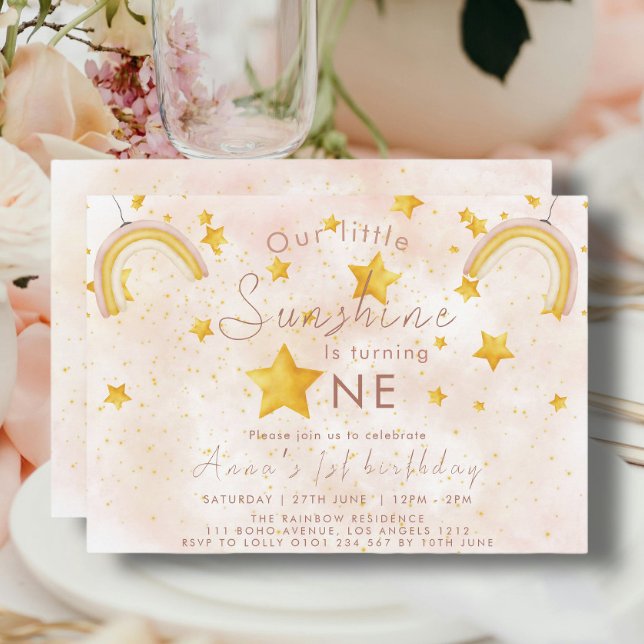 Convite Pequeno Boho Arco-íris Estrela Dourada Aniversário (Criador carregado)