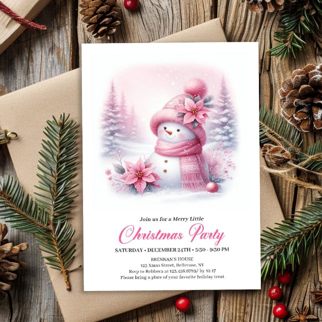 Convite Pequeno Boneco de Neve Rosa Digital Natal Crianças (Soft Pink Coquette Snowman Digital Kids Christmas Invite)