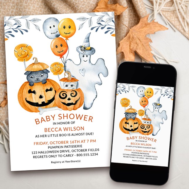 Convite Pequeno Boo Quase Devido Chá de fraldas de Dia das (Cute halloween baby shower invitation for when her little boo is almost due)
