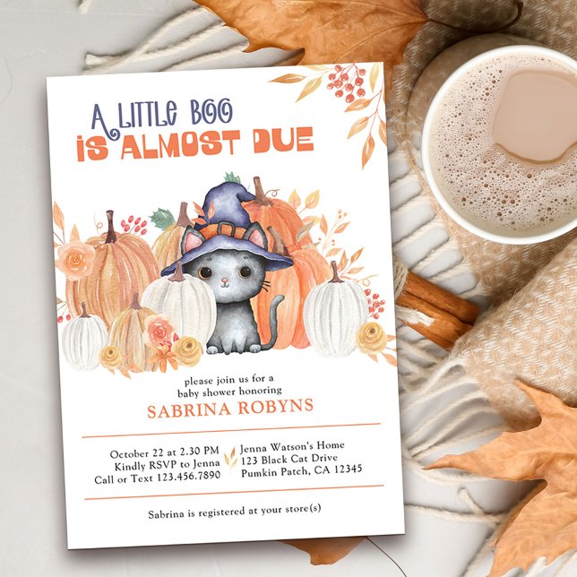 Convite Pequeno Boo Quase Vencido Gato no Chá de fraldas d (Little Boo Baby Shower invitation with cute black cat in pumpkin patch)