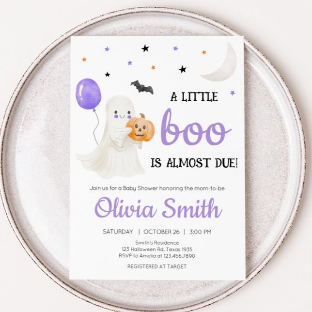 Convite Pequeno Boo Roxo é quase Chá de fraldas devido (A Little Boo Baby Shower Invitation )